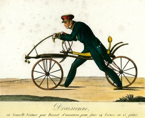 自転車の歴史：1818年頃に大人気だった新車「ドレーシエンヌ」。1818年のエングレーヴィング。個人蔵 作： Anonymous Anonymous