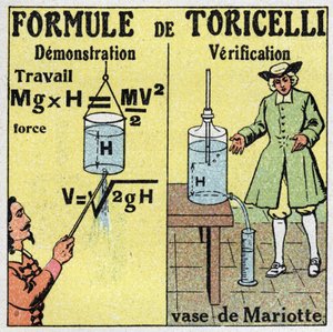 水力：トリチェリの式の実演と検証。イタリアの物理学者エヴァンゲリスタ・トリチェリ（Evangelista Torricelli）（1608-1647）は、液体の落下高さがわかっているときの流量を計算する公式を与えた。右側は、花瓶の