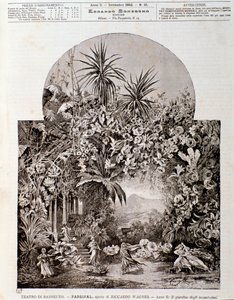1882年にバイロイトの劇場で上演されたワーグナーのオペラ「パルジファル」のイラスト。 作： Anonymous Anonymous