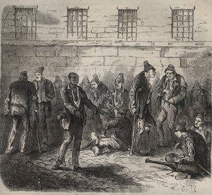 19世紀のトゥーロン・バグーンの病人部隊。ピエール・ザッコーネ（1817-1895）の「Histoire des bagnes depuis leur création à nos jours」（1877年）に掲載されている版画（Colonia Penale - Penal colony）。個人蔵。 作： Anonymous Anonymous