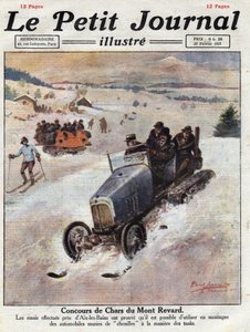 山岳地帯での車の技術革新、脱線を防ぐために車輪にトラックを置く。イラストは1921年2月27日の "Le petit journal "からの引用。個人蔵 作： Anonymous Anonymous