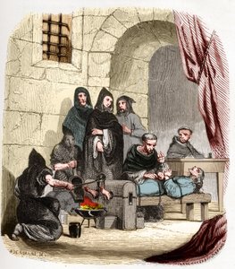15世紀のスペインにおける異端審問。ユダヤ人として告発されたブルゴーニュのマリア（1457-1482）が、スペインの異端審問官であるアルブエスの（聖）ピーター（ペドロ）（1441-1442-1485）に拷問されている：彼は自分の足を焼いている。異端審問のミステルスと」のイラスト