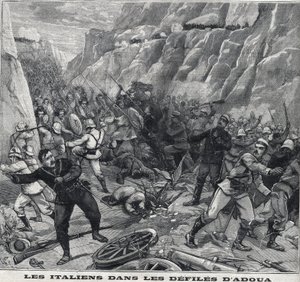 エチオピアでアドゥア族と戦うイタリア人。"Le Peute Parisien "に掲載された版画 作： Anonymous Anonymous