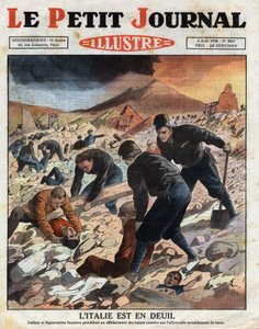 イタリアは喪に服している。兵士やファシストの軍団（黒シャツ）が、ナポリ東部で発生した大地震による廃墟の解明を進めている。エングレーヴィング。新聞 "Le Petite Journal Illustrous "に掲載された1930年8月3日のもの。個人蔵。 作： Anonymous Anonymous