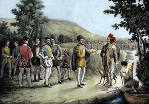 ジャック・カルティエ、1535年にホシェラガ（現在のモントリオール）でインディアンとの最初のインタビューを行ったときの写真（Litho 作： Anonymous Anonymous