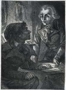 ロベスピエール（1758-1794）のマクシミリアンとジャン＝ポール（ジャン・ポール）・マラット（1743-1793）。1866年、アドルフ・ティエール著『フランス革命史』に掲載された版画。個人蔵。 作： Anonymous Anonymous