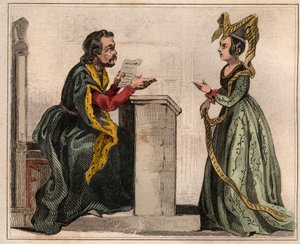 シャルル5世の時代にパリ議会議長を務めたジェハン・パストレ（1328-1405）が、リリピオンをつけた高貴な女性と一緒に写っている。1859年の「Le Monde」に掲載されている図版。M. E. de Lostalによる「最も遠い時代から現代までの全民族の歴史」に掲載された1859年の版画。 作： Anonymous Anonymous
