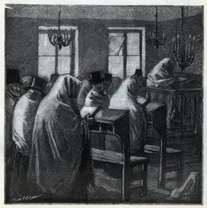 ユダヤ教の祝祭日：祝祭日にオラトリオの中で祈りを捧げる時のフィデレス。1892年の "Le monde illustree "に掲載されたエングレーヴィング。個人蔵。 作： Anonymous Anonymous