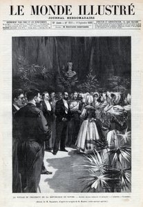 サディ・カルノー（1837-1894）のサヴォワへの旅：シャンベリーで花束を差し出す若い娘たちに迎えられた共和国大統領。新聞。1892年の "Le monde illustree "に掲載された版画。個人蔵。