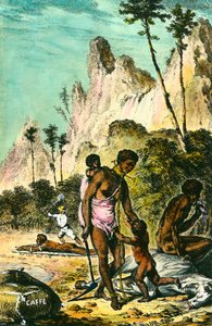 イル・ド・フランス（現在のモーリシャス）への旅：奴隷の仕事。搾取する白人の主人が、地面に横たわる奴隷に鞭を打つ。女性は足でネックレスをつけている。18世紀のエングレーヴィング。個人蔵。