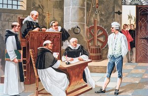 スペインの神学者ミゲル・セルヴェートのギネブラ裁判所での判決、1553年に異端の火刑に処せられた 作： Anonymous Anonymous