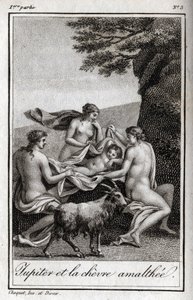ヤギのアマルテーに食べさせられたジュピターの子供。Charles Albert Demoustier (1760-1801)の「Lettres a Emilie sur la mythologie」の1819年の版画。個人蔵。 作： Anonymous Anonymous