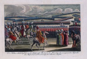 「「オスマン帝国のスルタン、セリム 3 世 (1761-1808) が彼の新しい歩兵を見直す」」匿名の彫刻 1806 年 個人蔵 作： Anonymous Anonymous