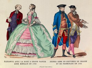 左：大きな籠のドレスを着たエレガンテ（1760年のモンダン・アッブ）／右。1760年、狩猟服と散歩服を着た若者たち（ルイ15世の摂政） - 個人蔵 作： Anonymous Anonymous