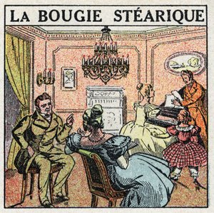 光源：19世紀にシャンデリアに使用されていたステアリン酸のロウソク。1925年の匿名のイラスト。個人蔵。 作： Anonymous Anonymous