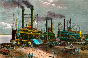 ミシシッピでニューオリンズ(New Orleans)に向けて蒸気船に綿を積み込む。19世紀のエングレーヴィング。個人蔵 作： Anonymous Anonymous