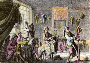ルイ15世ファッション：かつらの美容院の内部の様子。1755年頃のエングレーヴィング。個人蔵 作： Anonymous Anonymous