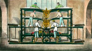 Hippolyte-Auguste Marinoni（1823-1904）が発明した「小さな新聞を印刷するための機械」で、1866年に輪転機を発明した。1868年のエングレーヴィング。個人蔵 作： Anonymous Anonymous