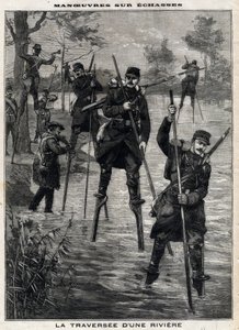 Meuvers on echasse：フランス軍がLandes echassiersに導かれてMont de Marsan（モン・ドゥ・マルサン）まで川を渡り、電信線を確立すること。エングレービング。1899年12月17日の "Le Petro Parisien "にて。個人蔵。