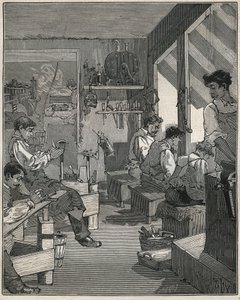 19世紀のフランスの工房での櫛の製造風景。Adolphe BITARDの "Les arts et metiers illustres "に掲載された1885年のエングレーヴィング。