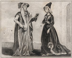 フランス王妃マリー・ダンジュー（1404～1463年）とブルゴーニュ公フィリップ3世（1396～1467年）-1859年の「ル・モンド」に掲載された版画。M. E. de Lostalot-Bachoueによる「最も遠い時代から現代までのすべての民族の歴史」に掲載された1859年の版画。個人のコレクション。 作： Anonymous Anonymous