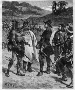 Robert Cavelier de La Salle (1643-1687)のピオリア湖付近でのアメリカのインディアンとの出会い 1889年の "Journal des voyages "の刻印