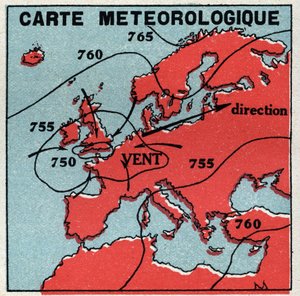 気象学：気象学的な地図。1925年の匿名のイラスト。個人蔵。