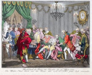 Mort de Gustave III de Suede (1746-1792) - The Assassination of King Gustav III on 16 March 1792 - Anonymous - 1792 - Etching, watercolour - 33,5x46,3 - Private Collection 作： Anonymous Anonymous