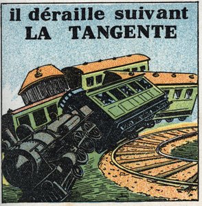動き：タンジェント。電車の脱線事故。1925年の匿名のイラスト。個人蔵。