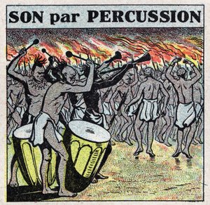 楽器：アフリカの村でのパーカッション奏者。1925年の匿名のイラスト。個人蔵。 作： Anonymous Anonymous