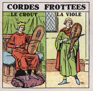 楽器：弦楽器の擦り合わせ。中世のクロウトやレイプの奏者。1925年の匿名のイラスト。個人蔵。 作： Anonymous Anonymous