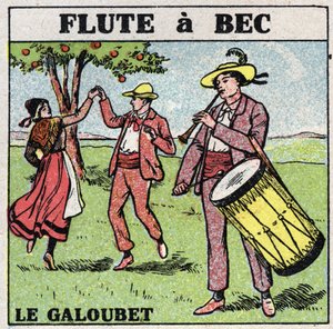 楽器：管楽器。ガルーベ奏者（くちばし付きフルート）。1925年の匿名のイラスト。個人蔵。 作： Anonymous Anonymous