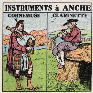 楽器：腰の管楽器。パイプとクラリネット奏者。1925年の匿名のイラスト。個人蔵。 作： Anonymous Anonymous