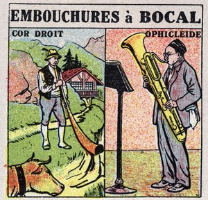 楽器：ジャーの口を持つ管楽器。ストレートホルンとオフィクレイド奏者。1925年の匿名のイラスト。個人蔵。 作： Anonymous Anonymous