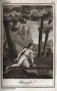 自分の姿を見つめているナルシス（Narciso） シャルル・アルベール・ドゥムスティエ（1760-1801）の『Lettres a Emilie sur la mythologie』に掲載された1819年のエングレーヴィング。個人蔵。