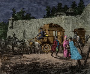 1791年、ヴァレンヌに向かう王室の夜間飛行、エングレーヴィング、個人蔵 作： Anonymous Anonymous