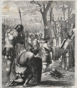 レヒフェルトの戦い（955年）の前に聖体拝領する神聖ローマ皇帝オットー1世 - ドイツ皇帝オットン1世（Othon）（912～973年）は、955年のレヒフェルトの戦いの前に聖体拝領した - 1864年の刻印