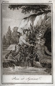 葦に変身したパンとニンフのシリンクス（Pan and Nymph Syrinx）。Charles Albert Demoustier（1760-1801）の「Lettres a Emilie sur la mythologie」に掲載された1819年のエングレーヴィング。個人蔵。 作： Anonymous Anonymous