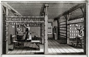 製紙工場：乾燥の段階。18世紀のエングレービング個人蔵 作： Anonymous Anonymous