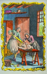 血液の動きを調べる医師：アルブレヒト・フォン・ハラー（1708-1777）の「血液の動きと海の効果に関するメモワール」の正面図（1756年、コレクション・プリヴェ 作： Anonymous Anonymous