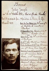 犯罪者ジュール・ボノ（1876-1912）のポリスシート（ボノバンド）と犯罪リスト 作： Anonymous Anonymous