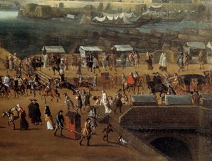 17世紀のパリのポン・ヌフに置かれたポーターの椅子と群衆 詳細匿名の絵画。パリ、カルナヴァレ美術館 作： Anonymous Anonymous