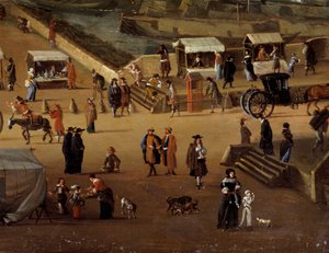 17世紀のパリのポン・ヌフに置かれたポーターの椅子と貿易 詳細匿名の絵画。パリ、カルナヴァレ美術館 作： Anonymous Anonymous