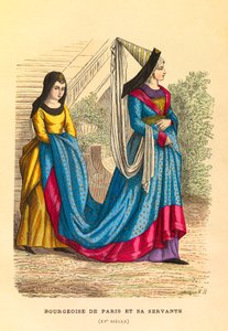 15世紀のパリのブルジョワと侍女の肖像と衣装、エングレーヴィング - 個人蔵