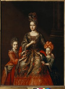 「「アナスタシア・ナリシキナ、サンクトペテルブルク総督の妻、そして彼女の娘アレクサンドラとタチアナの肖像」」匿名の絵画、18世紀初頭薄暗い180x130.8 cm国立トレチャコフ美術館、モスクワ 作： Anonymous Anonymous
