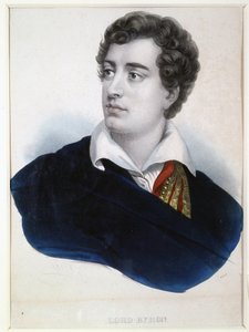詩人ロード ジョージ ノエル バイロン (1788-1824) の肖像 (詩人ロード G.N. バイロンの肖像)。 匿名のリトグラフ、水彩で強化、19 世紀初頭。 英国芸術、ロマン主義。 A. プーシキン記念博物館、サンクトペテルブルク。 作： Anonymous Anonymous