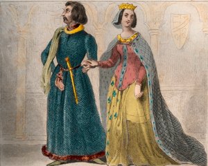 フランス王妃シャルロット・ド・サヴォア（1441-1483）の肖像と、慎重派として知られるフランス王ルイ11世（1423-1483）。1859年に出版された「Le Monde」に掲載された版画。M. E. de Lostalot-Bachoueによる「最も遠い時代から現代までの全民族の歴史」に掲載された1859年の版画。 作： Anonymous Anonymous