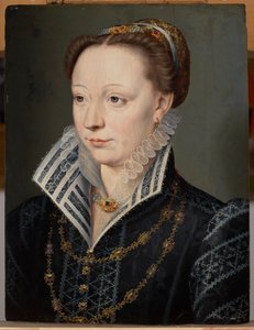 Retzin herttuattaren Claude Catherine de Clermont-Tonnerren muotokuva (1543–1603), n. 1571 (öljy paneelille)