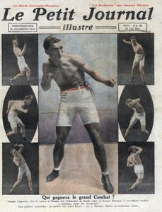 アメリカ人ボクサー、ジャック・デンプシーと世界チャンピオンの座をかけて戦うフランス人ボクサー、ジョルジュ・カーペンティアのポートレート。イラストは1921年6月19日の「Le petit journal illustrious」から引用。個人蔵 作： Anonymous Anonymous