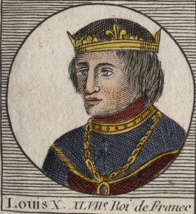 フランス王ルイ10世le Hutin (1289 - 1316)の肖像 - フランスとナバラの王、頑固者ルイ10世 (1289 - 1316) - シャルル・コンスタン・ル・テリエ1821年の「フランス史に関する教本」からの彫刻。 作： Anonymous Anonymous